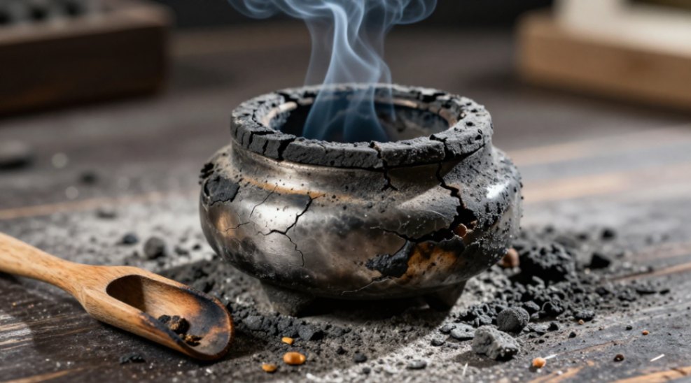 The blackened crust that forms when resin is overheated on the burner