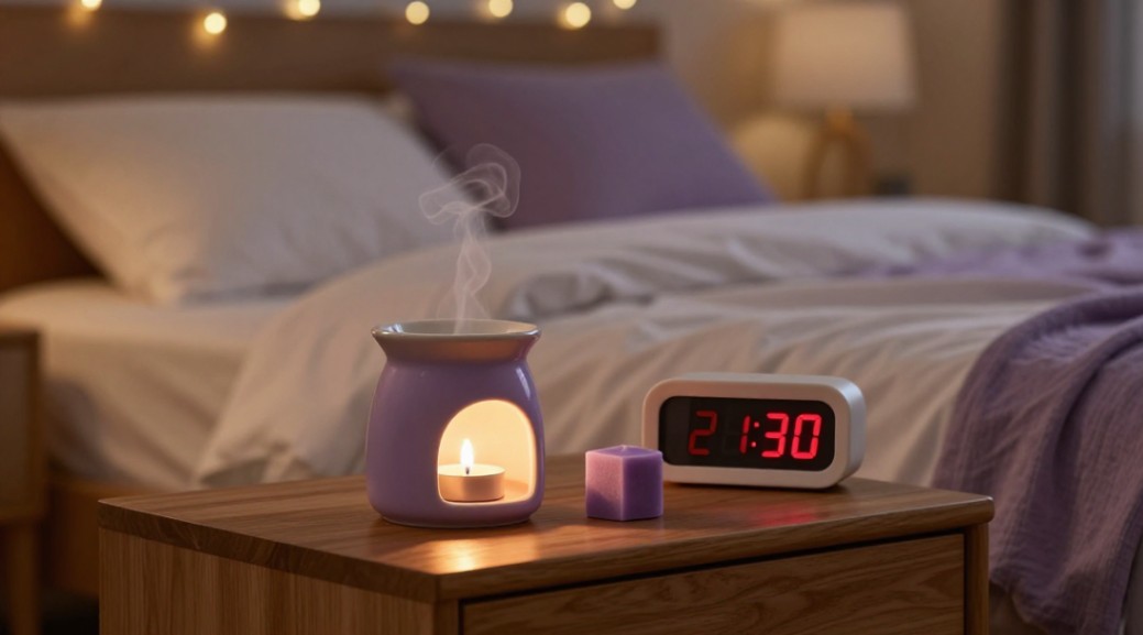 A lavender wax warmer complements your sleep hygiene routine at 21:30.
