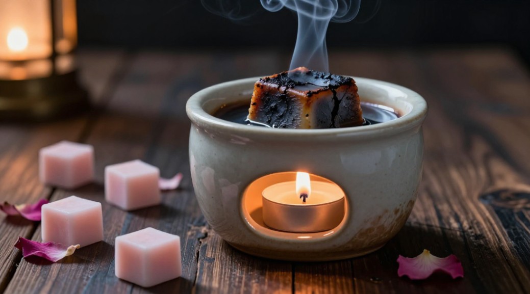 Overheated wax burns off delicate rose aroma, leaving only acrid smoke.